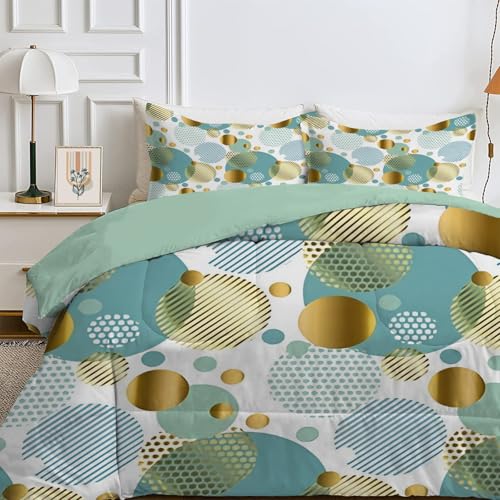 Bettdecke 240x260 4 Jahreszeiten, Wende Geometrie Steppdecke Waschbare, Bettdecke ohne Bezug Nutzbar, Leicht Weiche Schlafdecke 200GSM, Ganzjahresdecke GrüN Und Gold mit 2 Kissenbezug (ohne Kissen) von Qiwagu