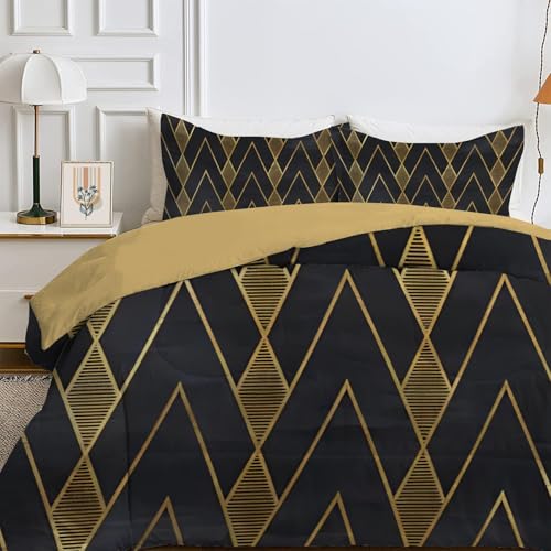Bettdecke 240x260 4 Jahreszeiten, Wende Goldene Streifen Steppdecke Waschbare, Bettdecke ohne Bezug Nutzbar, Leicht Weiche Schlafdecke 200GSM, Ganzjahresdecke Schwarz mit 2 Kissenbezug (ohne Kissen) von Qiwagu