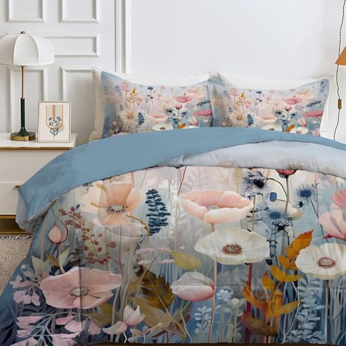 Bettdecke 240x260 4 Jahreszeiten, Wende Rosa Blumen Steppdecke Waschbare, Bettdecke ohne Bezug Nutzbar, Leicht Weiche Schlafdecke 200GSM, Ganzjahresdecke Hellblau mit 2 Kissenbezug (ohne Kissen), C09 von Qiwagu