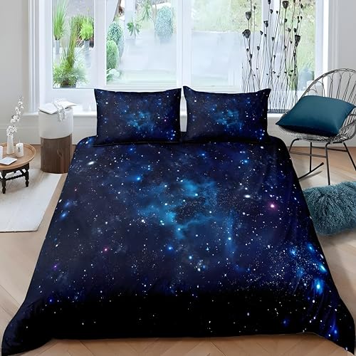 Bettwäsche 200x220 Blaues Galaxie-Design Jugend, Sternenhimmel Deko Weltraum Bettwäsche-Sets aus Weiche Atmungsaktiv Microfaser, Bettbezug 200x220 und 2 Kissenbezüge 80x80 cm für Doppelbett, Z13 von Qiwagu