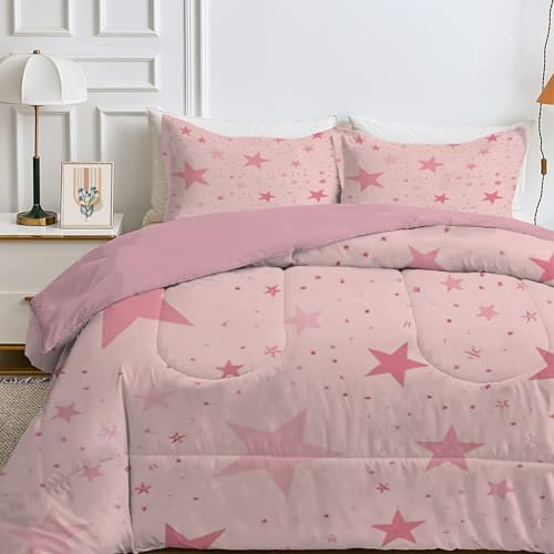 Qiwagu 4 Jahreszeiten Bettdecke 200x220 cm, Wende Sterne Steppdecke Waschbare, Bettdecke ohne Bezug Nutzbar, Leicht Weiche Schlafdecke 200GSM, Ganzjahresdecke Rosa mit 2 Kissenbezug (ohne Kissen) von Qiwagu