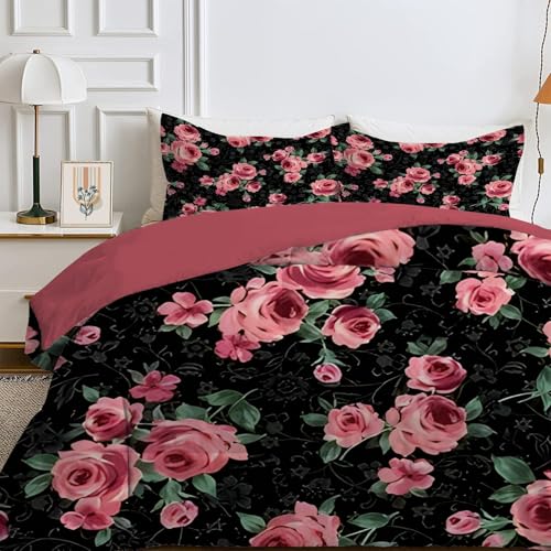 Qiwagu Bettdecke 135x200 4 Jahreszeiten, Wende Rote Blume Steppdecke Waschbare, Bettdecke ohne Bezug Nutzbar, Leicht Weiche Schlafdecke 200GSM, Ganzjahresdecke Schwarz mit 1 Kissenbezug (ohne Kissen) von Qiwagu