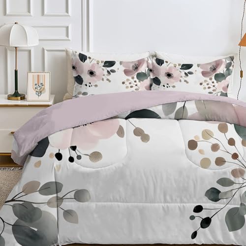 Qiwagu Bettdecke 220x240 cm Rosa Blume, Wende Grün Steppdecke Waschbare, Bettdecke ohne Bezug Nutzbar, Leicht Weiche Schlafdecke 200GSM, Ganzjahresdecke mit 2 Kissenbezug (ohne Kissen), E367 von Qiwagu