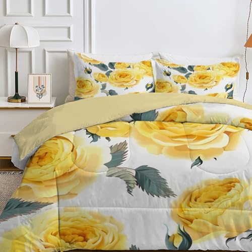 Qiwagu Bettdecke 240x260 4 Jahreszeiten, Wende Gelbe Blumen Steppdecke Waschbare, Bettdecke ohne Bezug Nutzbar, Leicht Weiche Schlafdecke 200GSM, Ganzjahresdecke Weiß mit 2 Kissenbezug (ohne Kissen) von Qiwagu