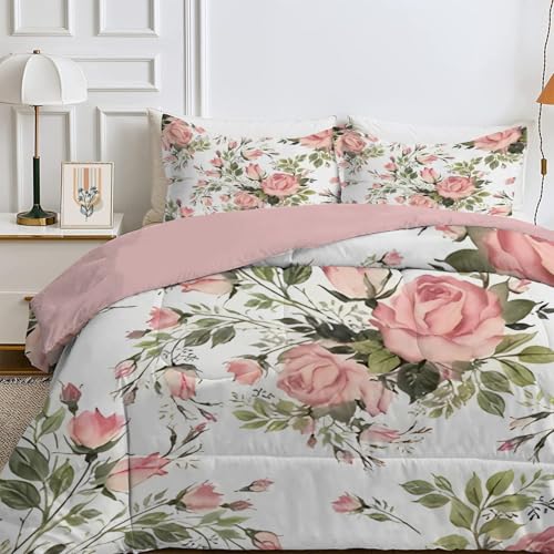 Qiwagu Bettdecke 240x260 4 Jahreszeiten, Wende Pinke Blumen Steppdecke Waschbare, Bettdecke ohne Bezug Nutzbar, Leicht Weiche Schlafdecke 200GSM, Ganzjahresdecke Weiß mit 2 Kissenbezug (ohne Kissen) von Qiwagu