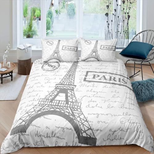 Qiwagu Bettwäsche 155x220 Eiffelturm, Paris Frankreich Bettwäsche-Sets aus Weiche Atmungsaktiv Microfaser, Bügelfrei Wendebettwäsche Bettbezug 155x220 und 2 Kissenbezüge 80x80 cm für Einzelbett, Z01 von Qiwagu