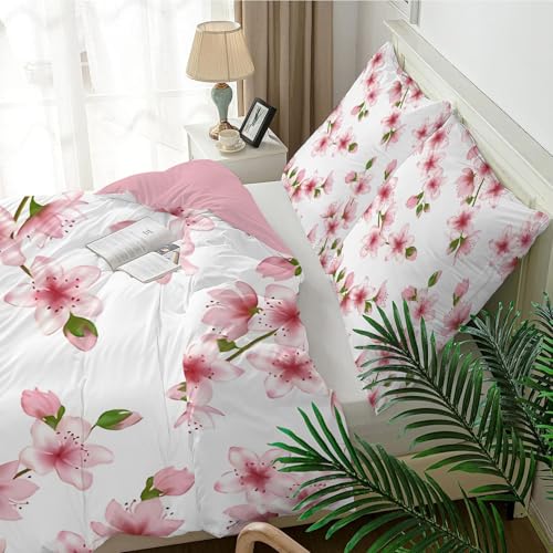 Qiwagu Bettwäsche 155x220 Rosa Blumen, Bettwäsche-Sets Weiß aus Weiche Atmungsaktiv Microfaser, Bügelfrei Wendebettwäsche Bettbezug 155x220 und 2 Kissenbezüge 80x80 cm, A1060 von Qiwagu