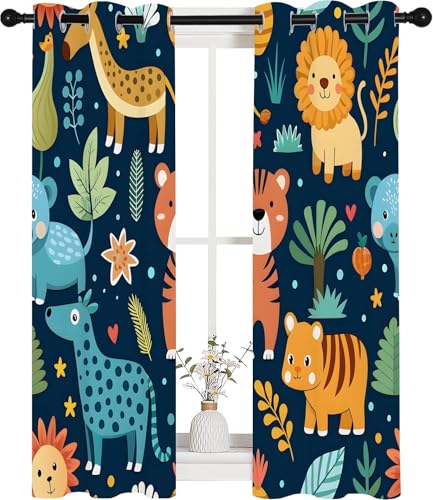 Qiwagu Vorhänge Cartoon-Tiere Blickdicht Gardinen mit Ösen Löwe PflanzenbläTter Muster 2 Stück 137 x 140 cm (HxB) Vorhang Jungen und Mädchen Verdunkelungsvorhang für Wohnzimmer Schlafzimmer, A206 von Qiwagu
