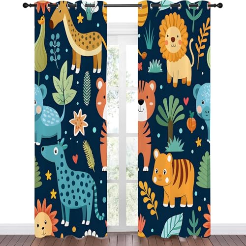 Qiwagu Vorhänge Cartoon-Tiere Blickdicht Gardinen mit Ösen Löwe PflanzenbläTter Muster 2 Stück 229 x 132 cm (HxB) Vorhang Jungen und Mädchen Verdunkelungsvorhang für Wohnzimmer Schlafzimmer, A206 von Qiwagu