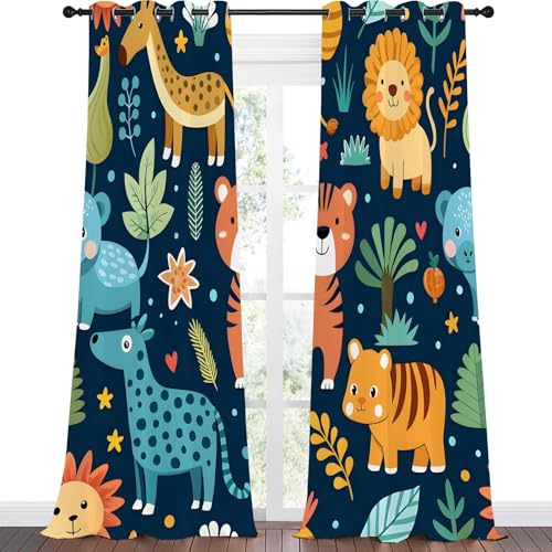 Qiwagu Vorhänge Cartoon-Tiere Blickdicht Gardinen mit Ösen Löwe PflanzenbläTter Muster 2 Stück 245 x 140 cm (HxB) Vorhang Jungen und Mädchen Verdunkelungsvorhang für Wohnzimmer Schlafzimmer, A206 von Qiwagu