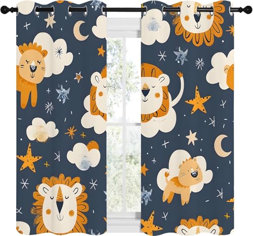 Qiwagu Vorhänge Cartoon-Waldtiere Blickdicht Gardinen mit Ösen Löwe Stern Muster 2 Stück 145 x 140 cm (HxB) Vorhang Jungen und Mädchen Verdunkelungsvorhang für Wohnzimmer Schlafzimmer, A200 von Qiwagu
