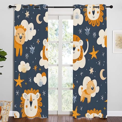 Qiwagu Vorhänge Cartoon-Waldtiere Blickdicht Gardinen mit Ösen Löwe Stern Muster 2 Stück 175 x 140 cm (HxB) Vorhang Jungen und Mädchen Verdunkelungsvorhang für Wohnzimmer Schlafzimmer, A200 von Qiwagu