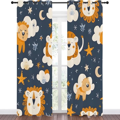 Qiwagu Vorhänge Cartoon-Waldtiere Blickdicht Gardinen mit Ösen Löwe Stern Muster 2 Stück 214 x 132 cm (HxB) Vorhang Jungen und Mädchen Verdunkelungsvorhang für Wohnzimmer Schlafzimmer, A200 von Qiwagu