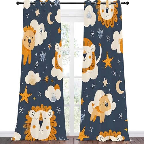 Qiwagu Vorhänge Cartoon-Waldtiere Blickdicht Gardinen mit Ösen Löwe Stern Muster 2 Stück 245 x 140 cm (HxB) Vorhang Jungen und Mädchen Verdunkelungsvorhang für Wohnzimmer Schlafzimmer, A200 von Qiwagu