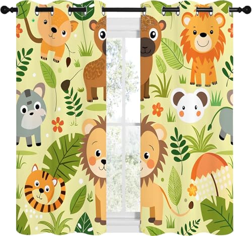 Qiwagu Vorhänge Cartoon-Waldtiere Blickdicht Gardinen mit Ösen Löwenpflanze Muster 2 Stück 145 x 132 cm (HxB) Vorhang Junge Mädchen Kind Verdunkelungsvorhang für Wohnzimmer Schlafzimmer, A208 von Qiwagu