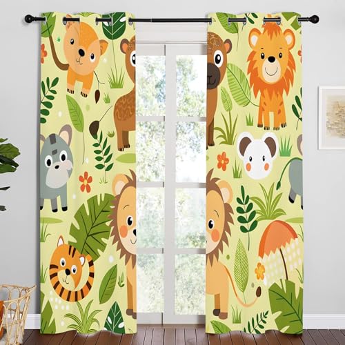 Qiwagu Vorhänge Cartoon-Waldtiere Blickdicht Gardinen mit Ösen Löwenpflanze Muster 2 Stück 183 x 132 cm (HxB) Vorhang Junge Mädchen Kind Verdunkelungsvorhang für Wohnzimmer Schlafzimmer, A208 von Qiwagu