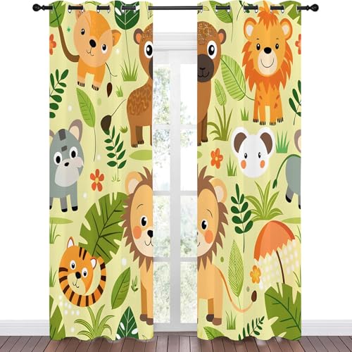 Qiwagu Vorhänge Cartoon-Waldtiere Blickdicht Gardinen mit Ösen Löwenpflanze Muster 2 Stück 220 x 132 cm (HxB) Vorhang Junge Mädchen Kind Verdunkelungsvorhang für Wohnzimmer Schlafzimmer, A208 von Qiwagu