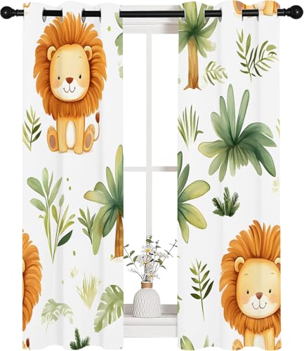 Qiwagu Vorhänge Dschungeltiere Blickdicht Gardinen mit Ösen Löwenpflanze Muster 2 Stück 137 x 117 cm (HxB) Vorhang Junge Mädchen Kind Verdunkelungsvorhang für Wohnzimmer Schlafzimmer, A205 von Qiwagu