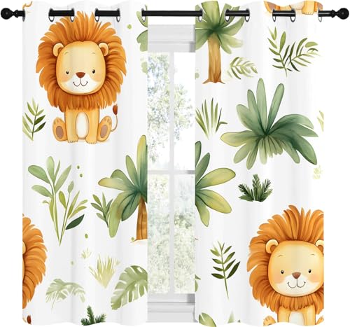 Qiwagu Vorhänge Dschungeltiere Blickdicht Gardinen mit Ösen Löwenpflanze Muster 2 Stück 145 x 140 cm (HxB) Vorhang Junge Mädchen Kind Verdunkelungsvorhang für Wohnzimmer Schlafzimmer, A205 von Qiwagu