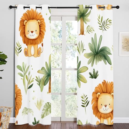 Qiwagu Vorhänge Dschungeltiere Blickdicht Gardinen mit Ösen Löwenpflanze Muster 2 Stück 183 x 117 cm (HxB) Vorhang Junge Mädchen Kind Verdunkelungsvorhang für Wohnzimmer Schlafzimmer, A205 von Qiwagu