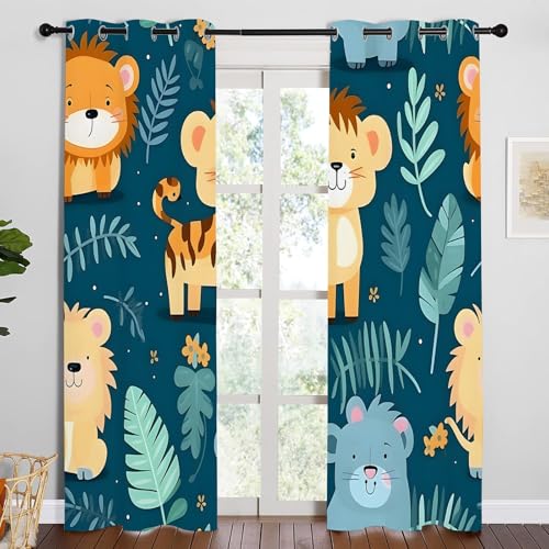Qiwagu Vorhänge Waldtiere Blickdicht Gardinen mit Ösen Löwe PflanzenbläTter Muster 2 Stück 180 x 140 cm (HxB) Vorhang Jungen und Mädchen Verdunkelungsvorhang für Wohnzimmer Schlafzimmer, A203 von Qiwagu