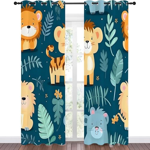 Qiwagu Vorhänge Waldtiere Blickdicht Gardinen mit Ösen Löwe PflanzenbläTter Muster 2 Stück 210 x 140 cm (HxB) Vorhang Jungen und Mädchen Verdunkelungsvorhang für Wohnzimmer Schlafzimmer, A203 von Qiwagu