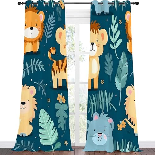 Qiwagu Vorhänge Waldtiere Blickdicht Gardinen mit Ösen Löwe PflanzenbläTter Muster 2 Stück 280 x 140 cm (HxB) Vorhang Jungen und Mädchen Verdunkelungsvorhang für Wohnzimmer Schlafzimmer, A203 von Qiwagu