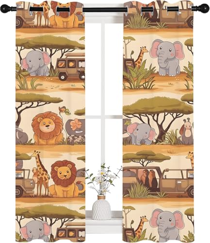 Vorhänge Cartoon-Tierauto Blickdicht Gardinen mit Ösen Giraffe Elefant Löwe Muster 2 Stück 130 x 100 cm (HxB) Vorhang Junge Mädchen Kind Verdunkelungsvorhang für Wohnzimmer Schlafzimmer, A202 von Qiwagu