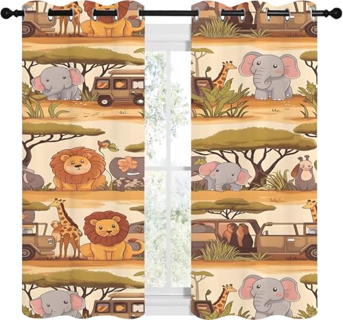 Vorhänge Cartoon-Tierauto Blickdicht Gardinen mit Ösen Giraffe Elefant Löwe Muster 2 Stück 160 x 140 cm (HxB) Vorhang Junge Mädchen Kind Verdunkelungsvorhang für Wohnzimmer Schlafzimmer, A202 von Qiwagu