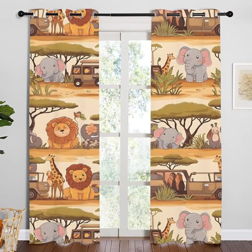 Vorhänge Cartoon-Tierauto Blickdicht Gardinen mit Ösen Giraffe Elefant Löwe Muster 2 Stück 183 x 168 cm (HxB) Vorhang Junge Mädchen Kind Verdunkelungsvorhang für Wohnzimmer Schlafzimmer, A202 von Qiwagu