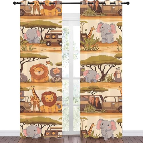 Vorhänge Cartoon-Tierauto Blickdicht Gardinen mit Ösen Giraffe Elefant Löwe Muster 2 Stück 242 x 132 cm (HxB) Vorhang Junge Mädchen Kind Verdunkelungsvorhang für Wohnzimmer Schlafzimmer, A202 von Qiwagu