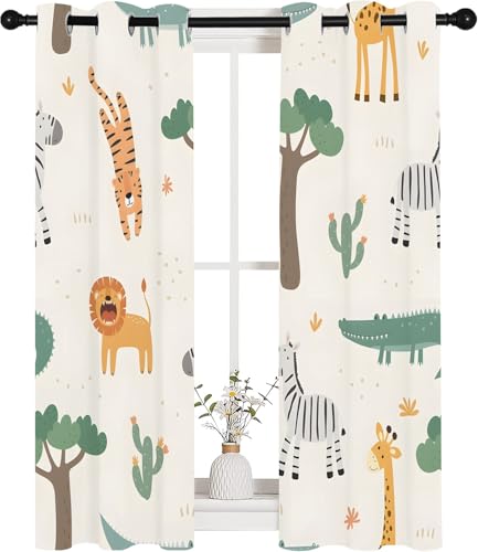 Vorhänge Cartoon-Waldtiere Blickdicht Gardinen mit Ösen Giraffe Tiger Löwe Muster 2 Stück 138 x 132 cm (HxB) Vorhang Jungen und Mädchen Verdunkelungsvorhang für Wohnzimmer Schlafzimmer, A204 von Qiwagu