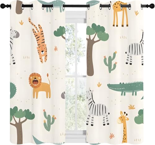 Vorhänge Cartoon-Waldtiere Blickdicht Gardinen mit Ösen Giraffe Tiger Löwe Muster 2 Stück 160 x 132 cm (HxB) Vorhang Jungen und Mädchen Verdunkelungsvorhang für Wohnzimmer Schlafzimmer, A204 von Qiwagu