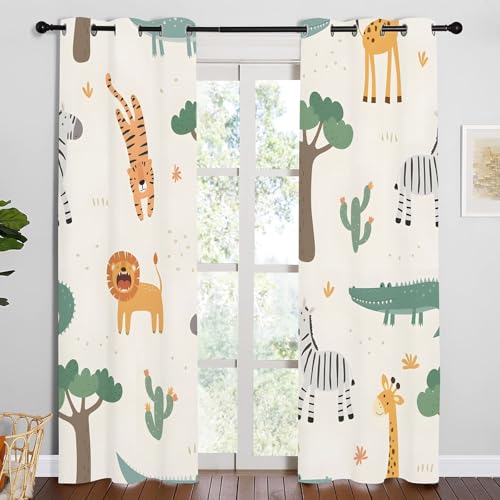Vorhänge Cartoon-Waldtiere Blickdicht Gardinen mit Ösen Giraffe Tiger Löwe Muster 2 Stück 183 x 117 cm (HxB) Vorhang Jungen und Mädchen Verdunkelungsvorhang für Wohnzimmer Schlafzimmer, A204 von Qiwagu