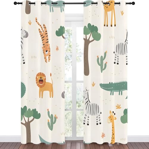 Vorhänge Cartoon-Waldtiere Blickdicht Gardinen mit Ösen Giraffe Tiger Löwe Muster 2 Stück 242 x 132 cm (HxB) Vorhang Jungen und Mädchen Verdunkelungsvorhang für Wohnzimmer Schlafzimmer, A204 von Qiwagu