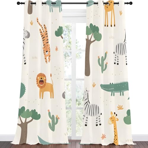 Vorhänge Cartoon-Waldtiere Blickdicht Gardinen mit Ösen Giraffe Tiger Löwe Muster 2 Stück 260 x 140 cm (HxB) Vorhang Jungen und Mädchen Verdunkelungsvorhang für Wohnzimmer Schlafzimmer, A204 von Qiwagu