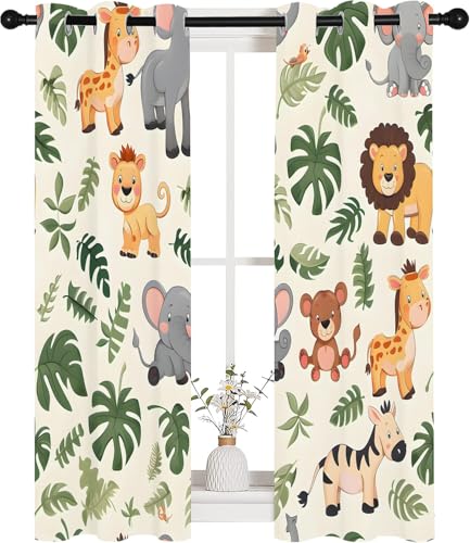Vorhänge Dschungeltiere Blickdicht Gardinen mit Ösen Giraffe Elefant Löwe Muster 2 Stück 137 x 140 cm (HxB) Vorhang Jungen und Mädchen Verdunkelungsvorhang für Wohnzimmer Schlafzimmer, A201 von Qiwagu