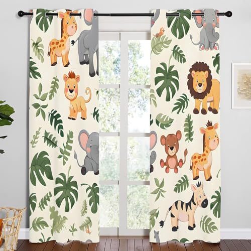 Vorhänge Dschungeltiere Blickdicht Gardinen mit Ösen Giraffe Elefant Löwe Muster 2 Stück 183 x 117 cm (HxB) Vorhang Jungen und Mädchen Verdunkelungsvorhang für Wohnzimmer Schlafzimmer, A201 von Qiwagu