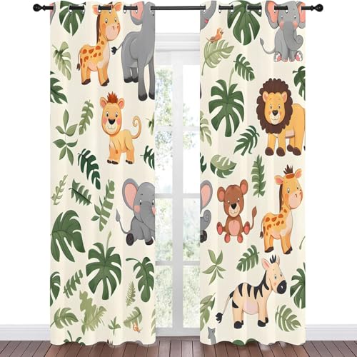Vorhänge Dschungeltiere Blickdicht Gardinen mit Ösen Giraffe Elefant Löwe Muster 2 Stück 242 x 132 cm (HxB) Vorhang Jungen und Mädchen Verdunkelungsvorhang für Wohnzimmer Schlafzimmer, A201 von Qiwagu