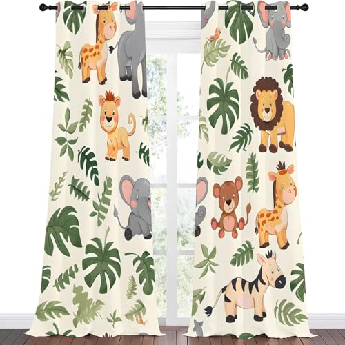Vorhänge Dschungeltiere Blickdicht Gardinen mit Ösen Giraffe Elefant Löwe Muster 2 Stück 260 x 140 cm (HxB) Vorhang Jungen und Mädchen Verdunkelungsvorhang für Wohnzimmer Schlafzimmer, A201 von Qiwagu