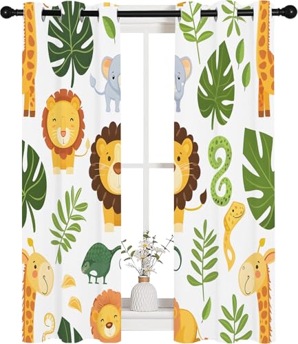 Vorhänge Waldtiere Blickdicht Gardinen mit Ösen Giraffe Elefant Löwe Muster 2 Stück 137 x 140 cm (HxB) Vorhang Junge Mädchen Kind Verdunkelungsvorhang für Wohnzimmer Schlafzimmer, A199 von Qiwagu