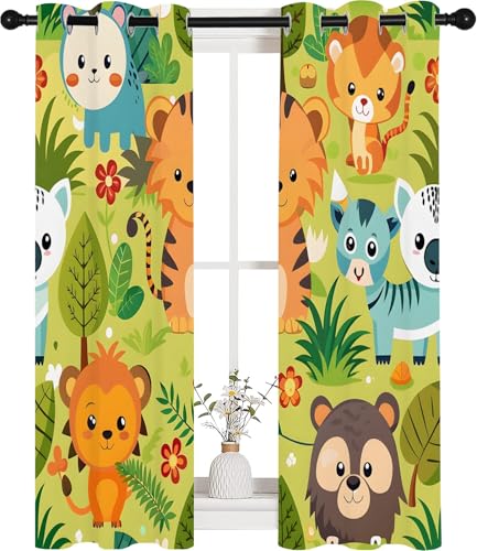 Vorhänge Waldtiere Blickdicht Gardinen mit Ösen Giraffe Elefant Löwe Muster 2 Stück 138 x 132 cm (HxB) Vorhang Jungen und Mädchen Verdunkelungsvorhang für Wohnzimmer Schlafzimmer, A207 von Qiwagu