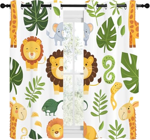 Vorhänge Waldtiere Blickdicht Gardinen mit Ösen Giraffe Elefant Löwe Muster 2 Stück 145 x 140 cm (HxB) Vorhang Junge Mädchen Kind Verdunkelungsvorhang für Wohnzimmer Schlafzimmer, A199 von Qiwagu
