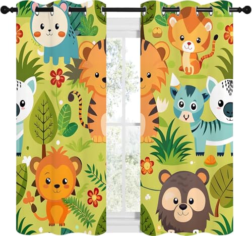 Vorhänge Waldtiere Blickdicht Gardinen mit Ösen Giraffe Elefant Löwe Muster 2 Stück 145 x 140 cm (HxB) Vorhang Jungen und Mädchen Verdunkelungsvorhang für Wohnzimmer Schlafzimmer, A207 von Qiwagu