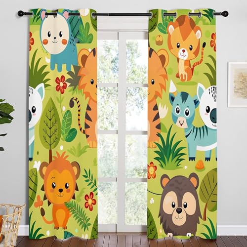 Vorhänge Waldtiere Blickdicht Gardinen mit Ösen Giraffe Elefant Löwe Muster 2 Stück 183 x 132 cm (HxB) Vorhang Jungen und Mädchen Verdunkelungsvorhang für Wohnzimmer Schlafzimmer, A207 von Qiwagu