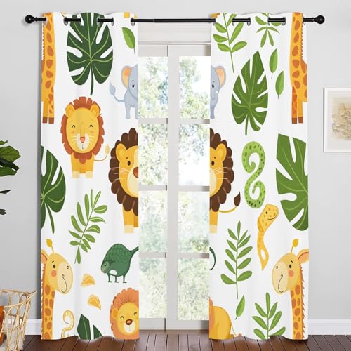 Vorhänge Waldtiere Blickdicht Gardinen mit Ösen Giraffe Elefant Löwe Muster 2 Stück 183 x 168 cm (HxB) Vorhang Junge Mädchen Kind Verdunkelungsvorhang für Wohnzimmer Schlafzimmer, A199 von Qiwagu