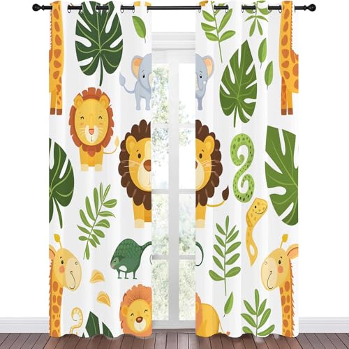 Vorhänge Waldtiere Blickdicht Gardinen mit Ösen Giraffe Elefant Löwe Muster 2 Stück 220 x 132 cm (HxB) Vorhang Junge Mädchen Kind Verdunkelungsvorhang für Wohnzimmer Schlafzimmer, A199 von Qiwagu