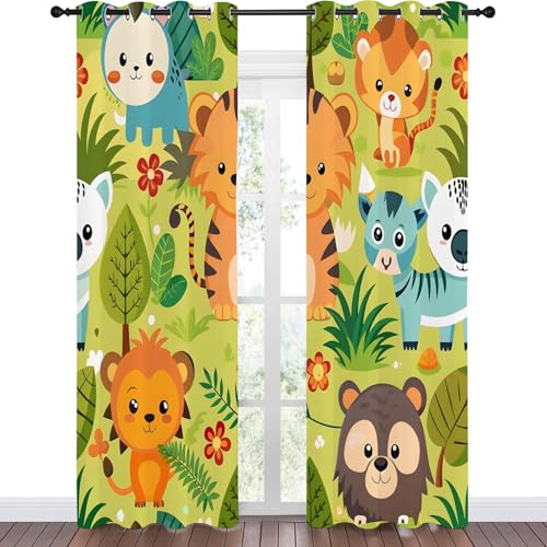Vorhänge Waldtiere Blickdicht Gardinen mit Ösen Giraffe Elefant Löwe Muster 2 Stück 220 x 132 cm (HxB) Vorhang Jungen und Mädchen Verdunkelungsvorhang für Wohnzimmer Schlafzimmer, A207 von Qiwagu