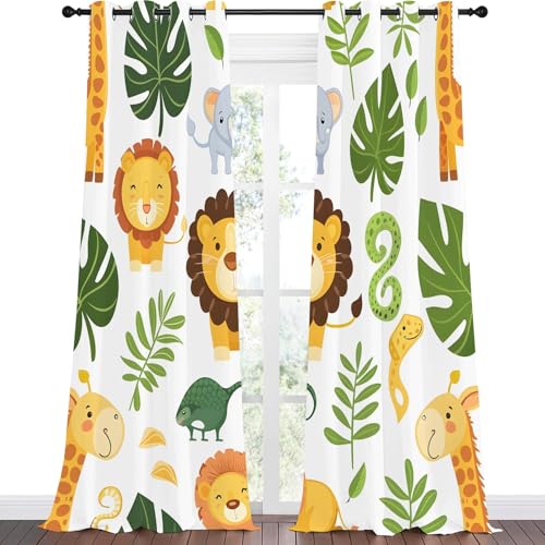 Vorhänge Waldtiere Blickdicht Gardinen mit Ösen Giraffe Elefant Löwe Muster 2 Stück 260 x 140 cm (HxB) Vorhang Junge Mädchen Kind Verdunkelungsvorhang für Wohnzimmer Schlafzimmer, A199 von Qiwagu