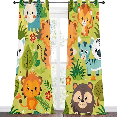 Vorhänge Waldtiere Blickdicht Gardinen mit Ösen Giraffe Elefant Löwe Muster 2 Stück 260 x 140 cm (HxB) Vorhang Jungen und Mädchen Verdunkelungsvorhang für Wohnzimmer Schlafzimmer, A207 von Qiwagu
